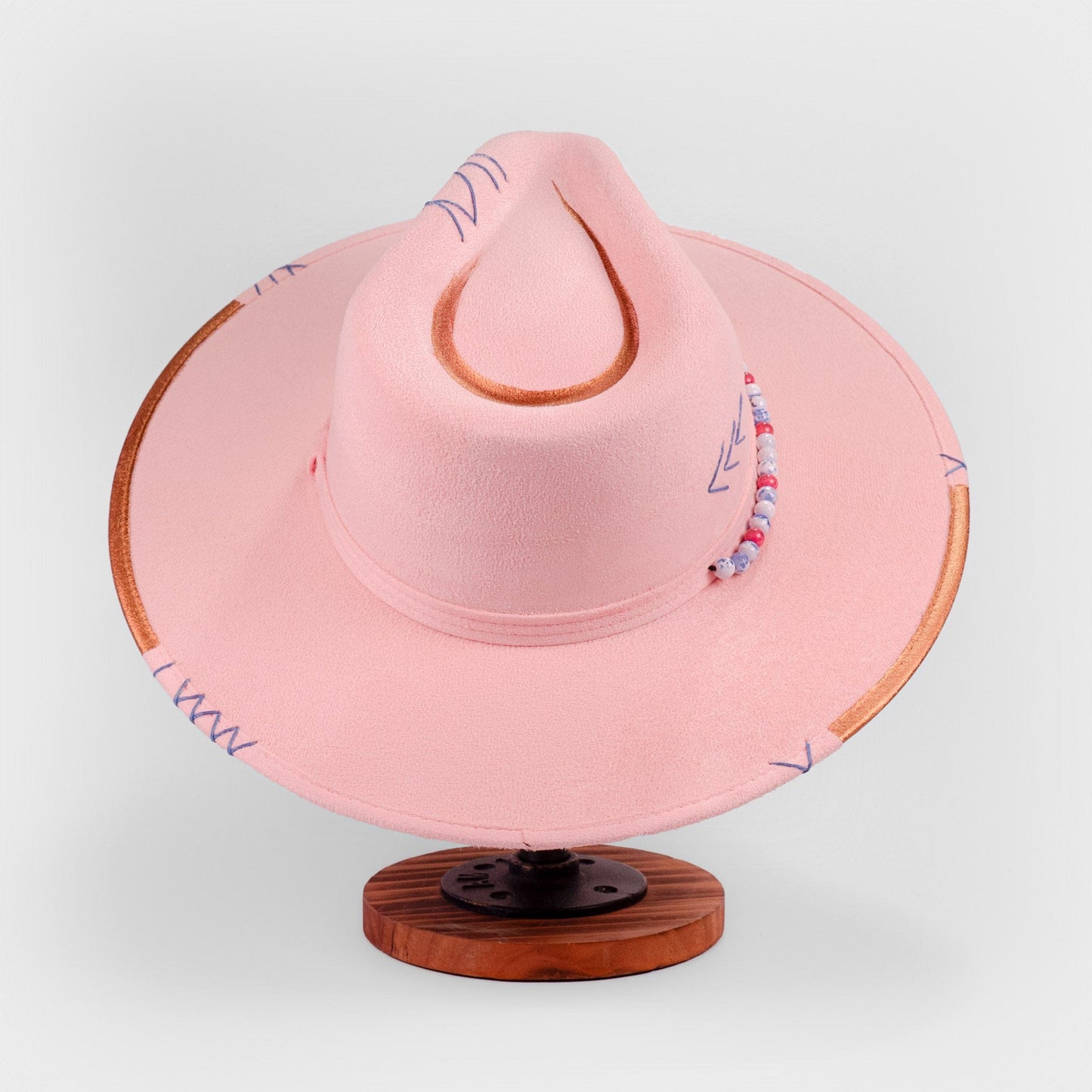 Aukala Hat Handcrafted Boho Sak Nah Rosa Hat – Blush Pink Suede Fedora with Gold Trim & Beaded Accent