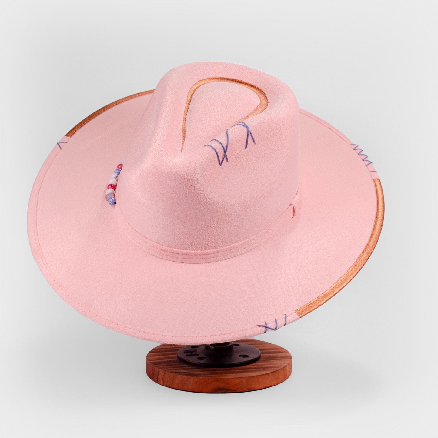 Aukala Hat Handcrafted Boho Sak Nah Rosa Hat – Blush Pink Suede Fedora with Gold Trim & Beaded Accent