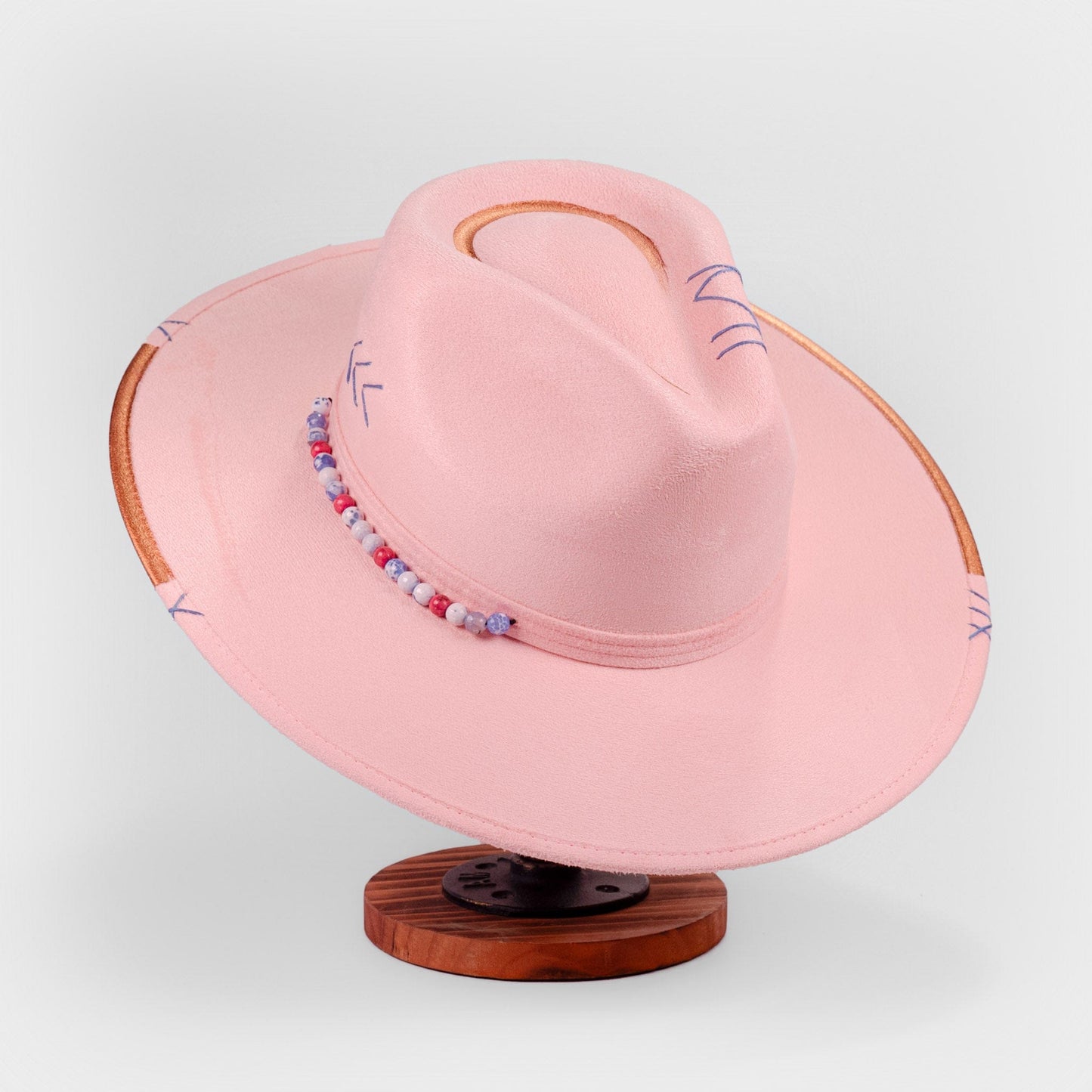 Aukala Hat Handcrafted Boho Sak Nah Rosa Hat – Blush Pink Suede Fedora with Gold Trim & Beaded Accent