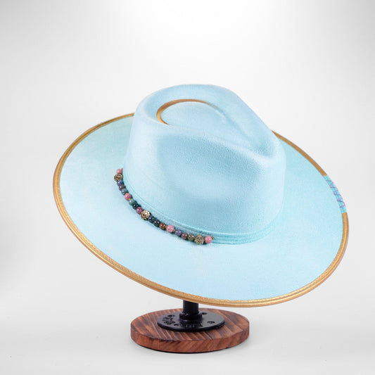 Aukala Hat Handcrafted Boho Sky Blue Hat – Suede Fedora with Gold Trim & Multicolor Stone Beads