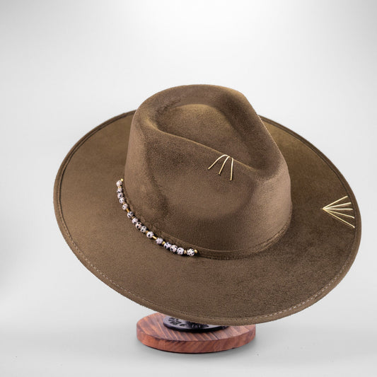 Aukala Hat Handcrafted Boho Terra Jasper Hat – Olive Brown Suede Fedora with Jasper Bead Band & Gold Stitch Accents