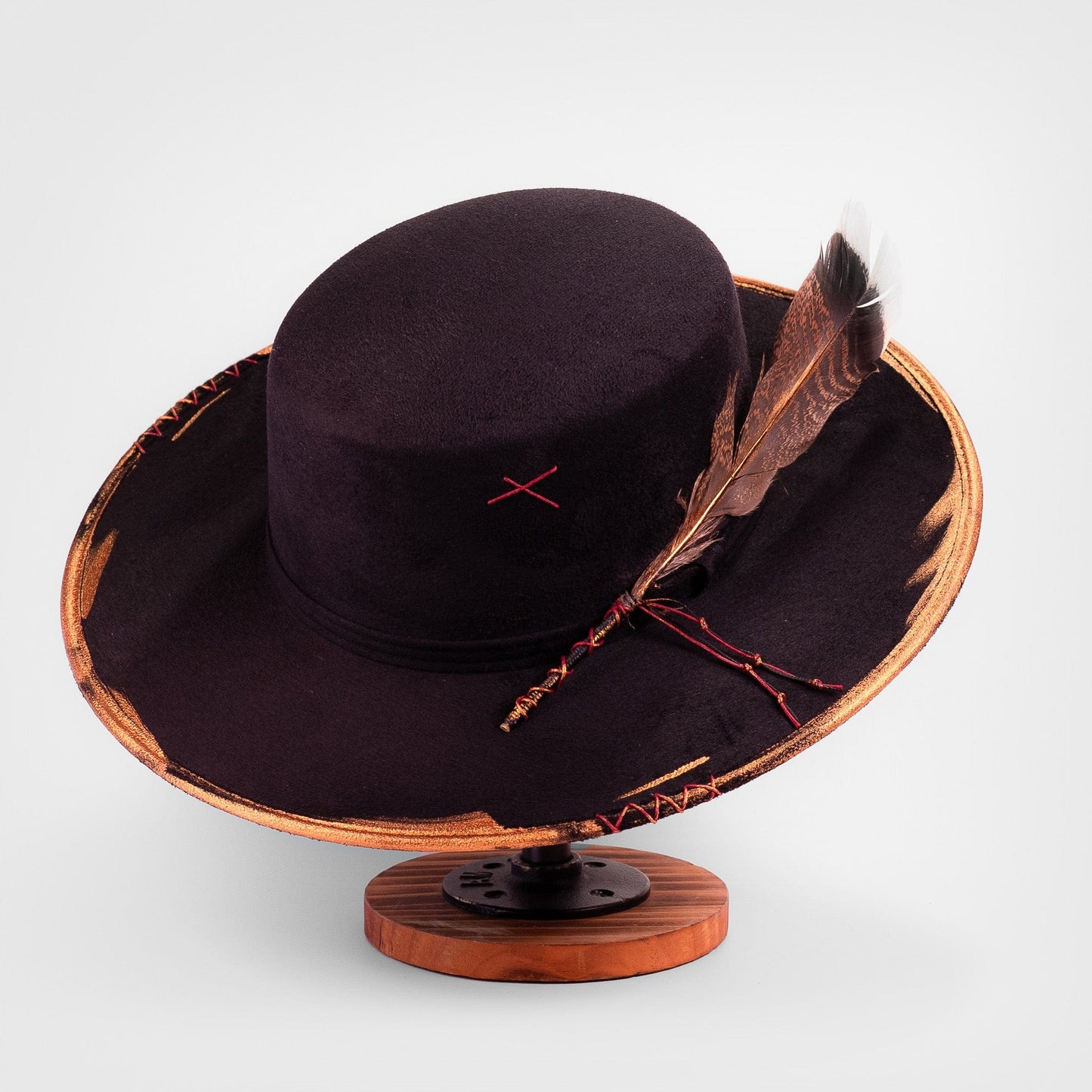 Aukala Hat Handcrafted Boho Tonatiuh Águila Hat – Black Suede Fedora with Gold Brushstrokes & Feather Accent