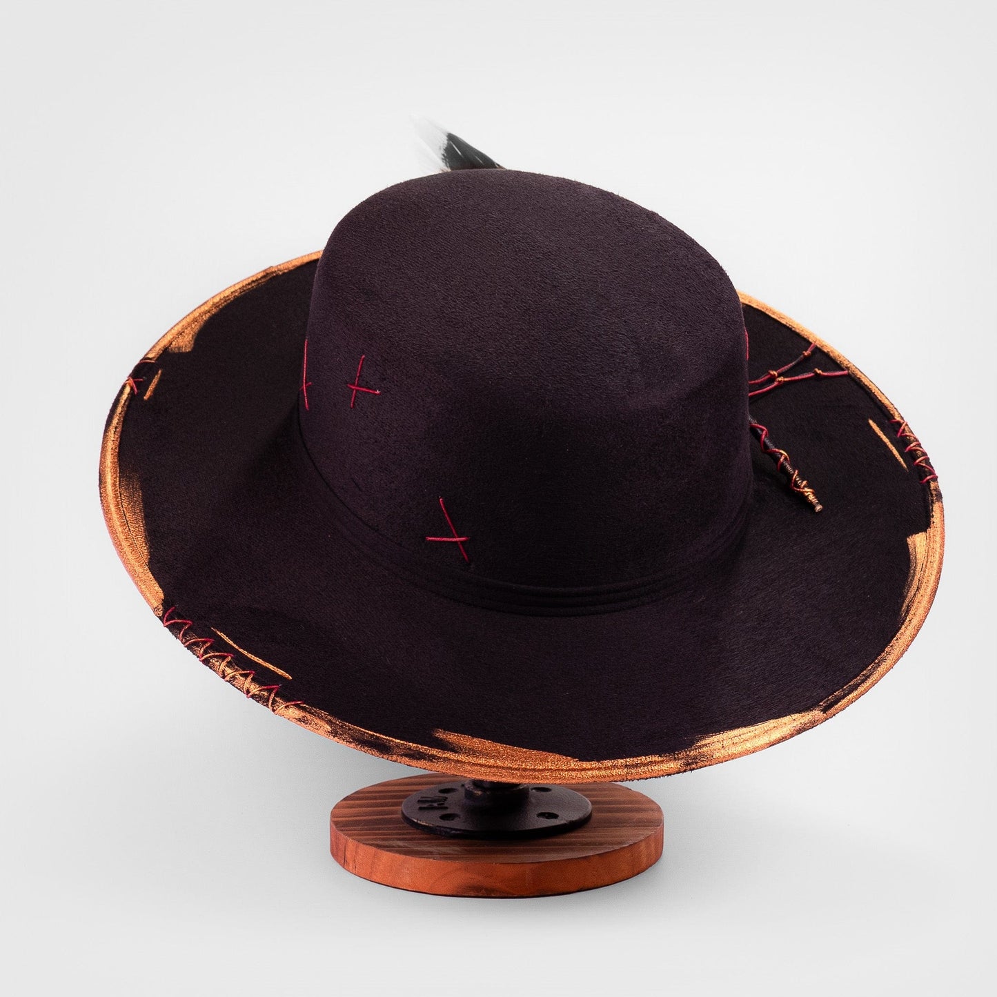 Aukala Hat Handcrafted Boho Tonatiuh Águila Hat – Black Suede Fedora with Gold Brushstrokes & Feather Accent