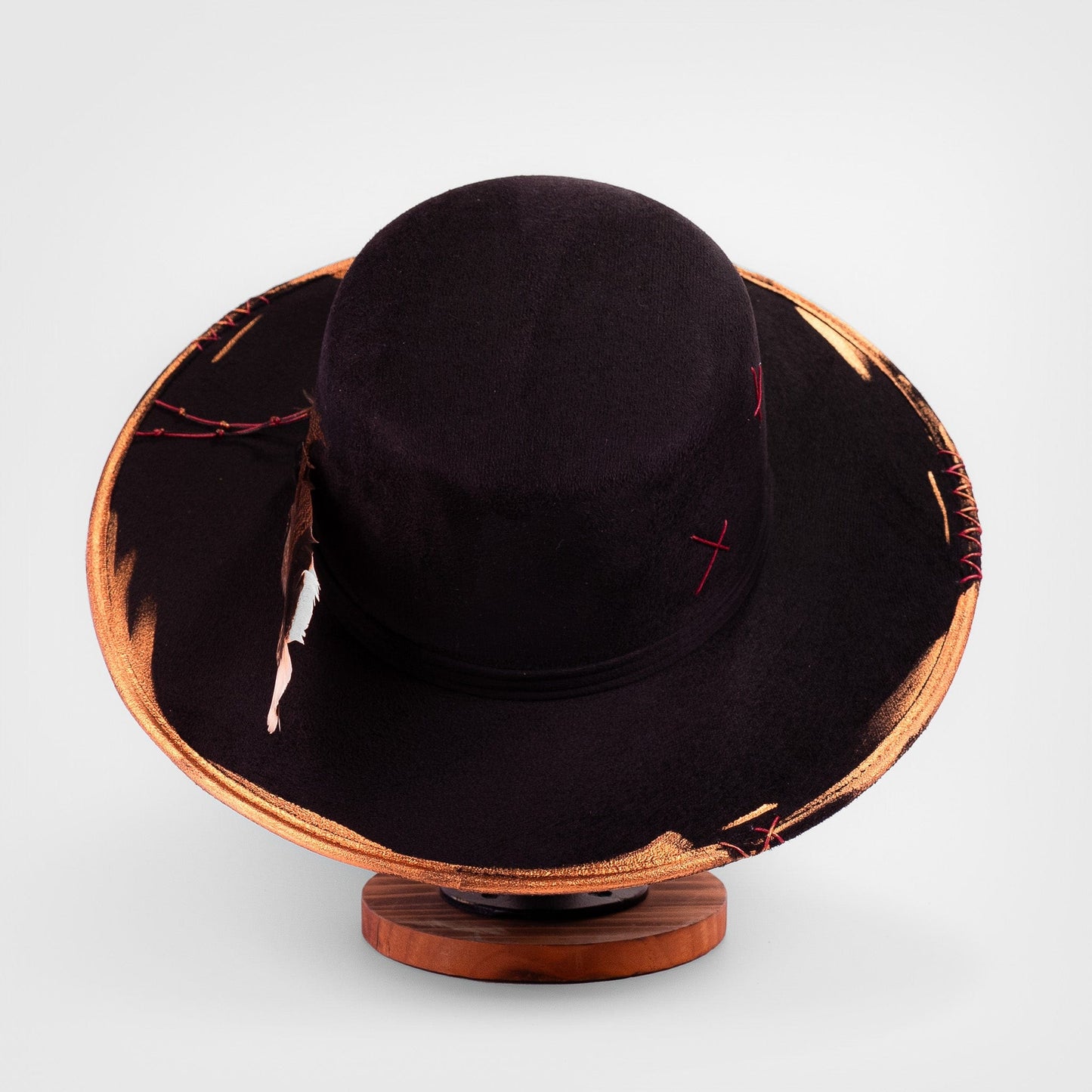 Aukala Hat Handcrafted Boho Tonatiuh Águila Hat – Black Suede Fedora with Gold Brushstrokes & Feather Accent
