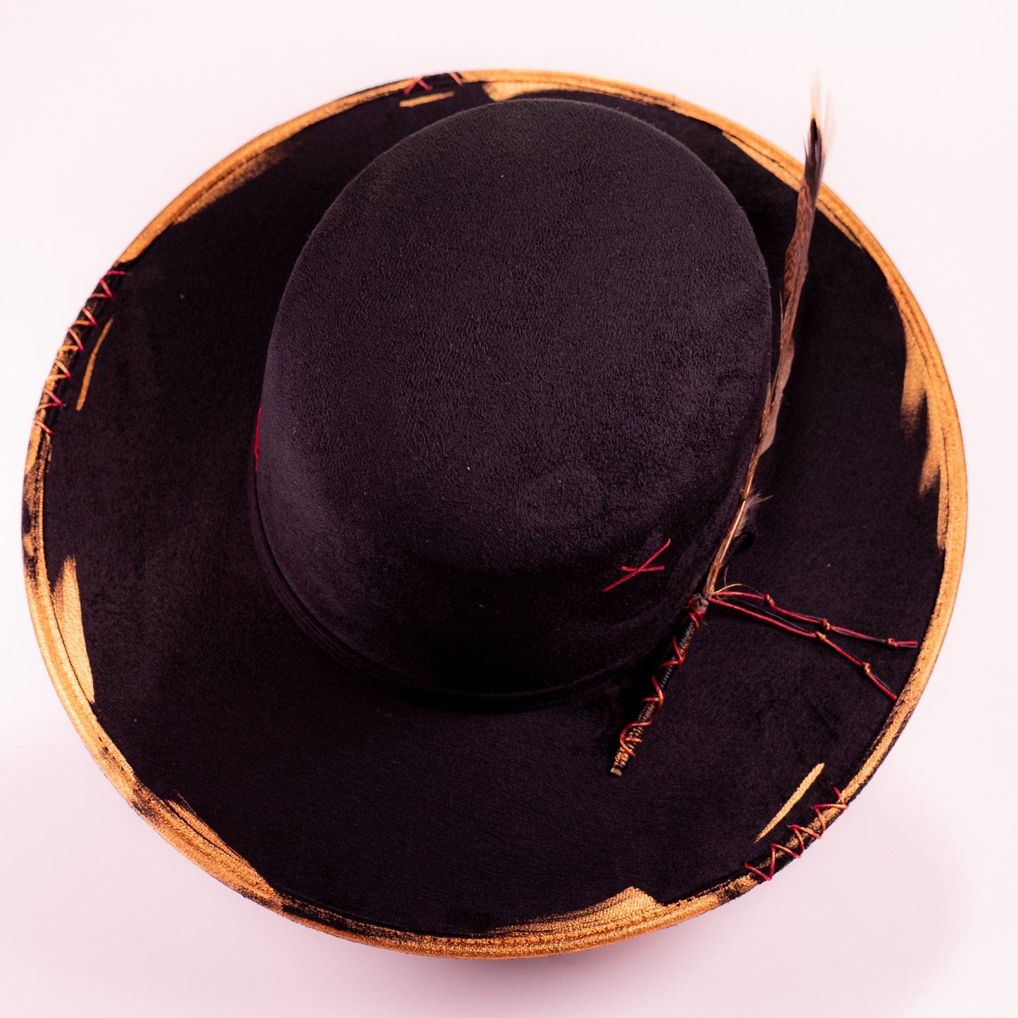 Aukala Hat Handcrafted Boho Tonatiuh Águila Hat – Black Suede Fedora with Gold Brushstrokes & Feather Accent