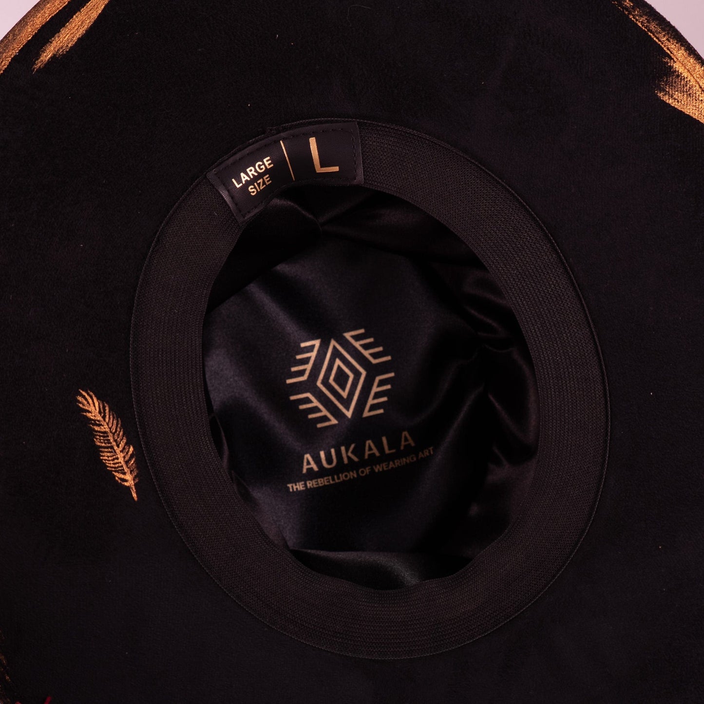 Aukala Hat Handcrafted Boho Tonatiuh Águila Hat – Black Suede Fedora with Gold Brushstrokes & Feather Accent