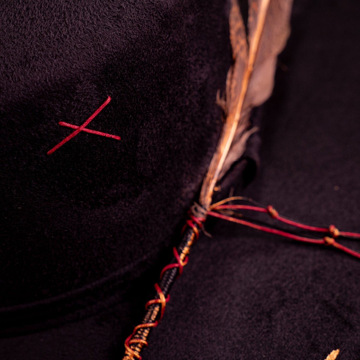 Aukala Hat Handcrafted Boho Tonatiuh Águila Hat – Black Suede Fedora with Gold Brushstrokes & Feather Accent