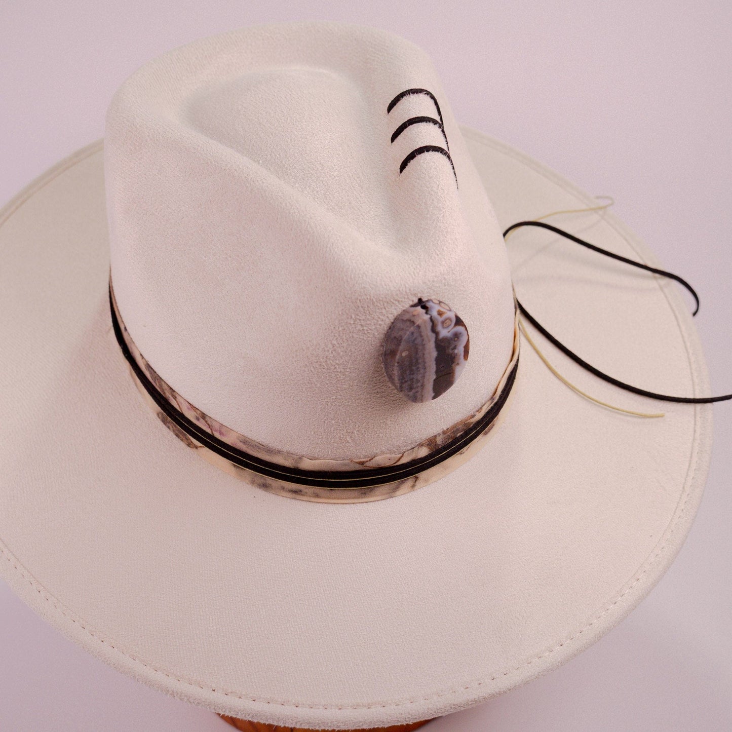 Aukala Hat Handcrafted Boho Western Hat – Sand Suede Fedora with Black Gemstone & Leather Accents