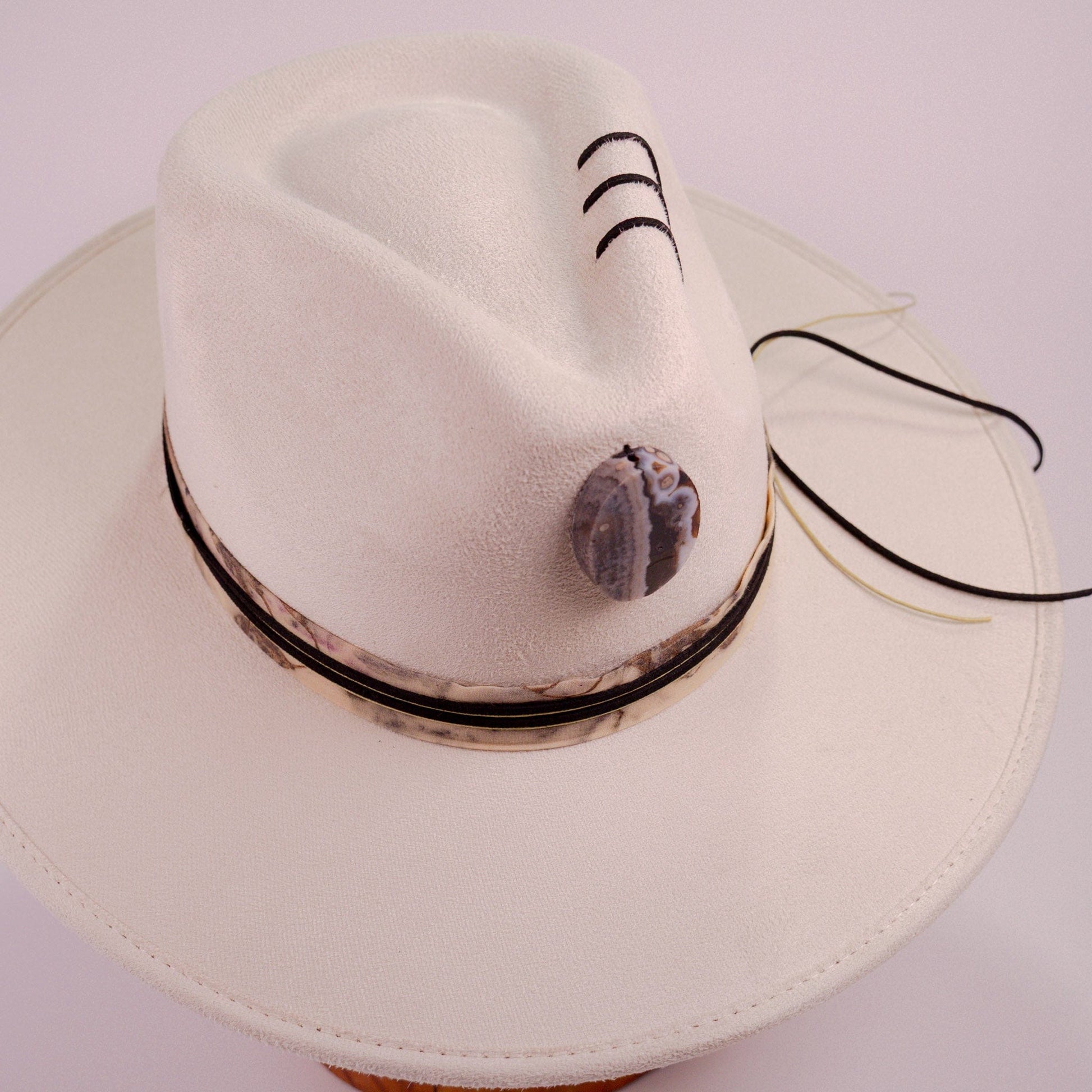 Aukala Hat Handcrafted Boho Western Hat – Sand Suede Fedora with Black Gemstone & Leather Accents
