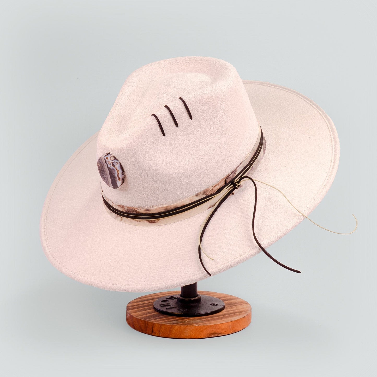 Aukala Hat Handcrafted Boho Western Hat – Sand Suede Fedora with Black Gemstone & Leather Accents