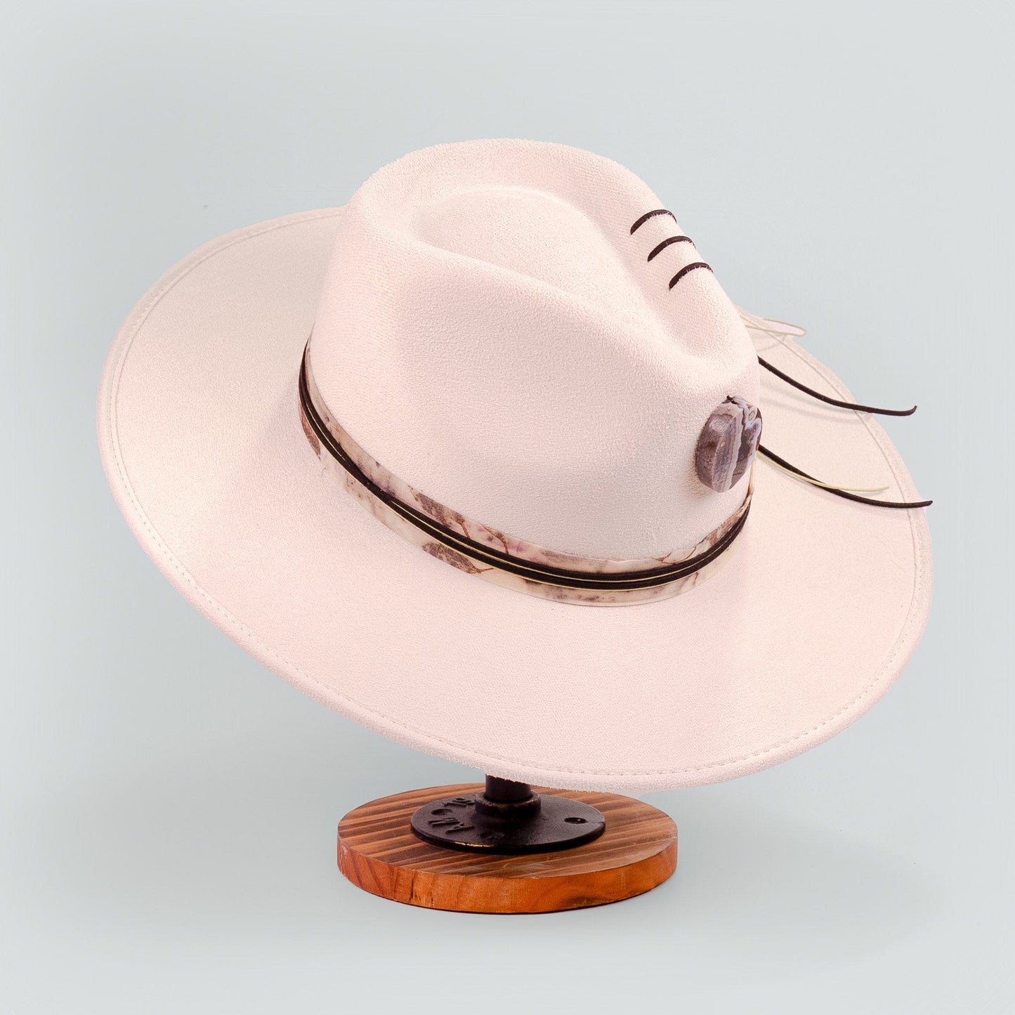 Aukala Hat Handcrafted Boho Western Hat – Sand Suede Fedora with Black Gemstone & Leather Accents
