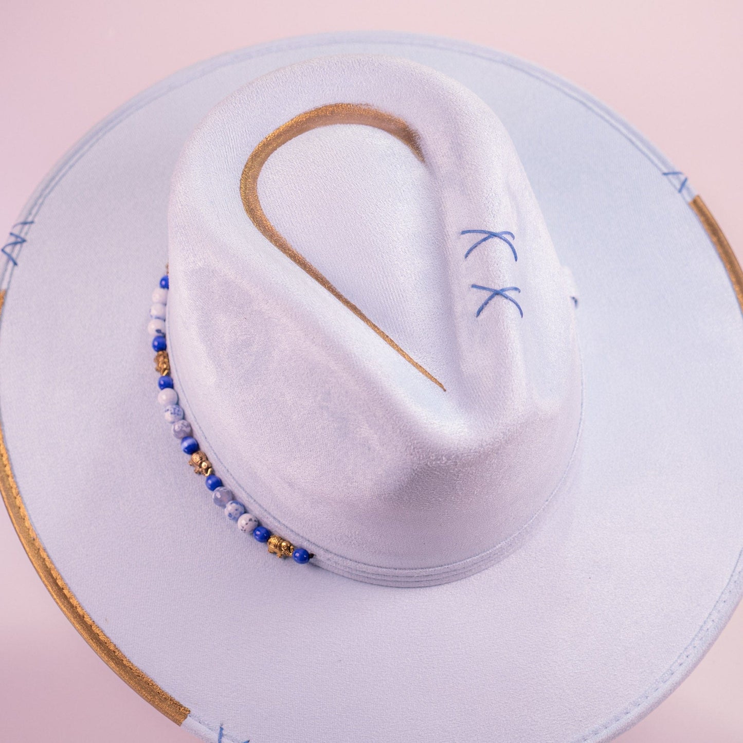 Aukala Hat Handcrafted Boho Yaku Sky Hat – Sky Blue Suede Fedora with Gold Trim & Beaded Accent