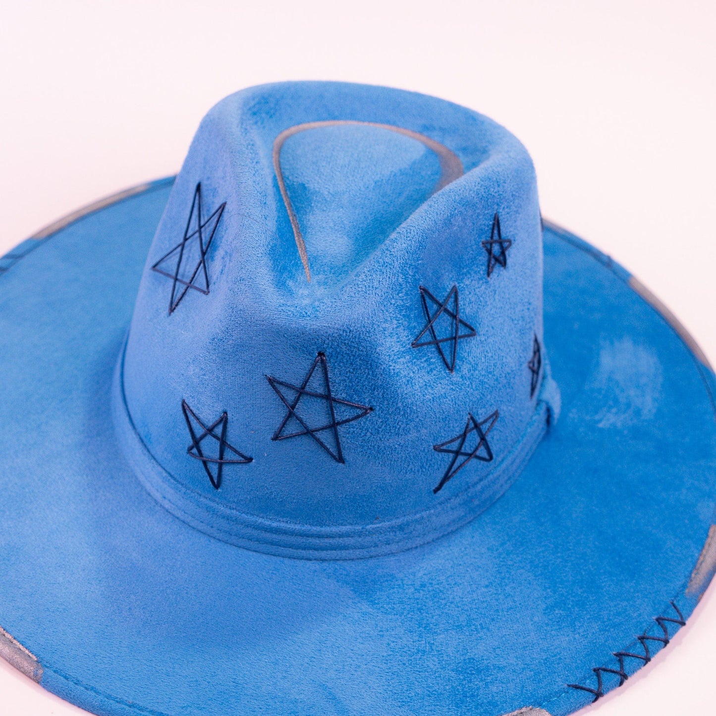 Aukala Hat Handcrafted Celestial Blue Suede Hat – Starry Boho Western Fedora with Gold Trim