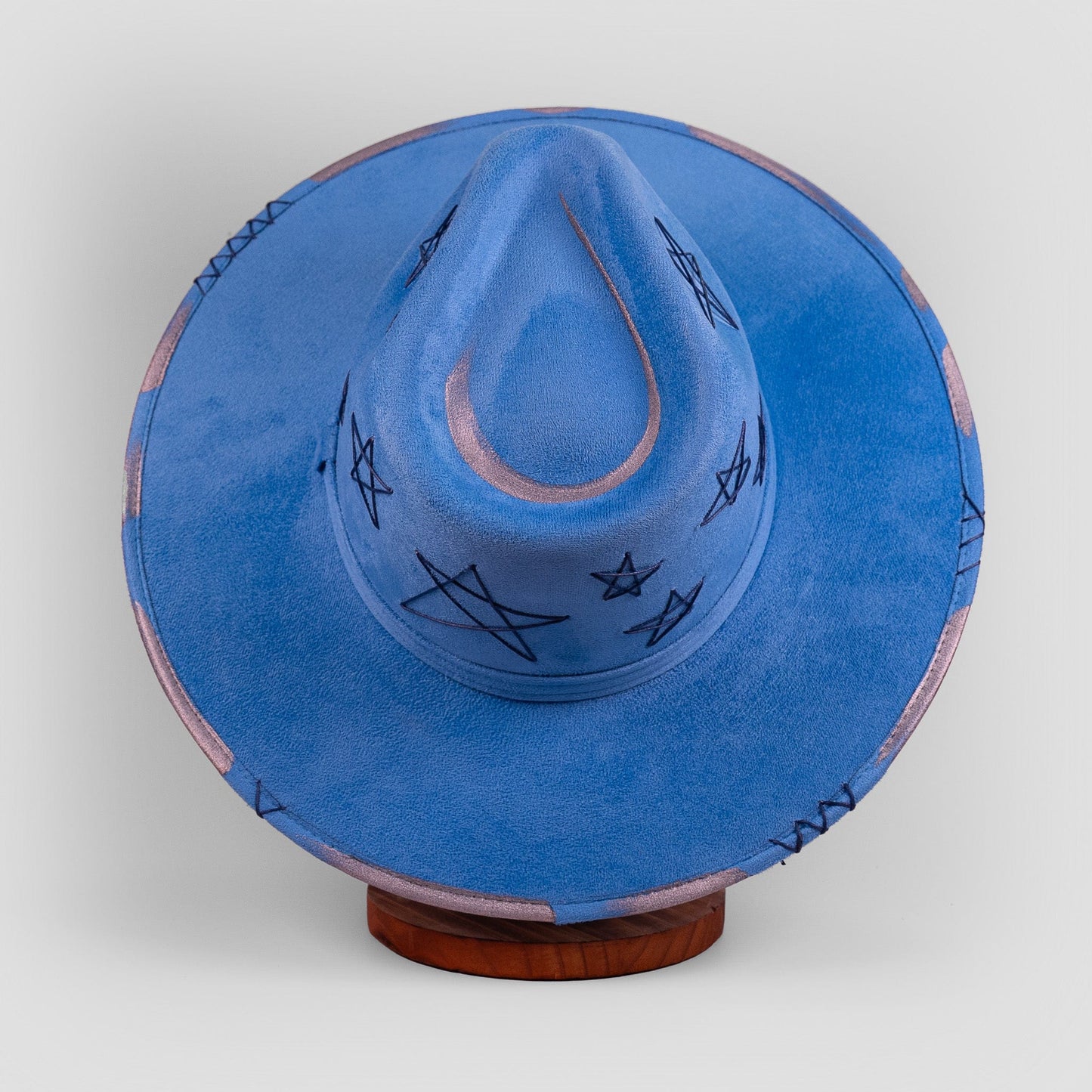 Aukala Hat Handcrafted Celestial Blue Suede Hat – Starry Boho Western Fedora with Gold Trim