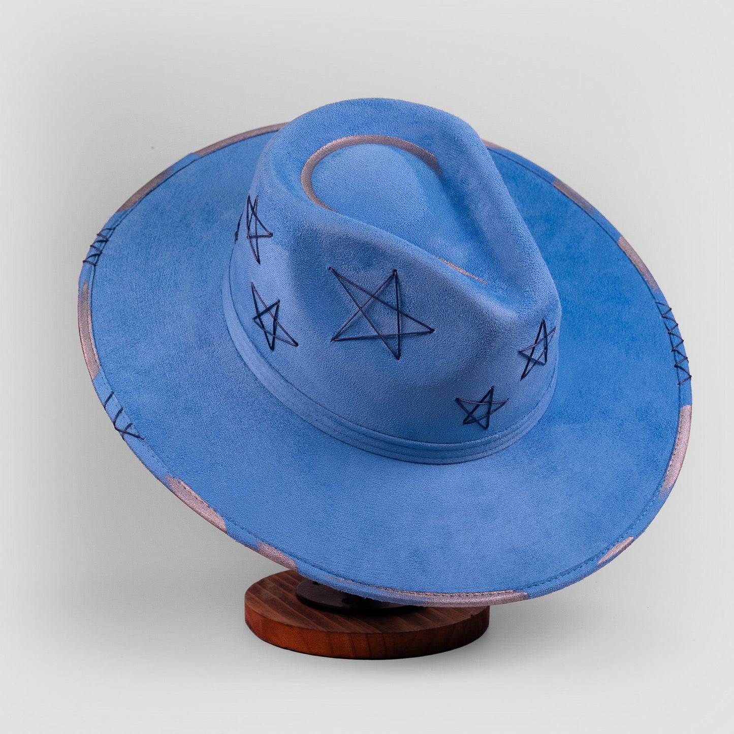 Aukala Hat Handcrafted Celestial Blue Suede Hat – Starry Boho Western Fedora with Gold Trim