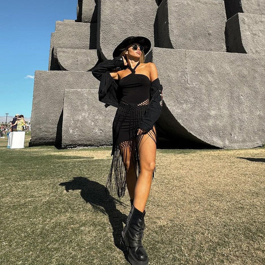 Aukala Hat L Handcrafted Boho Itzel Noir Hat – Black Suede Fedora with Gold Stitching & Feather Accent