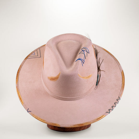 Aukala Hat M Handcrafted Boho Desert Spirit Hat – Blush Fedora with Feather & Gold Accents