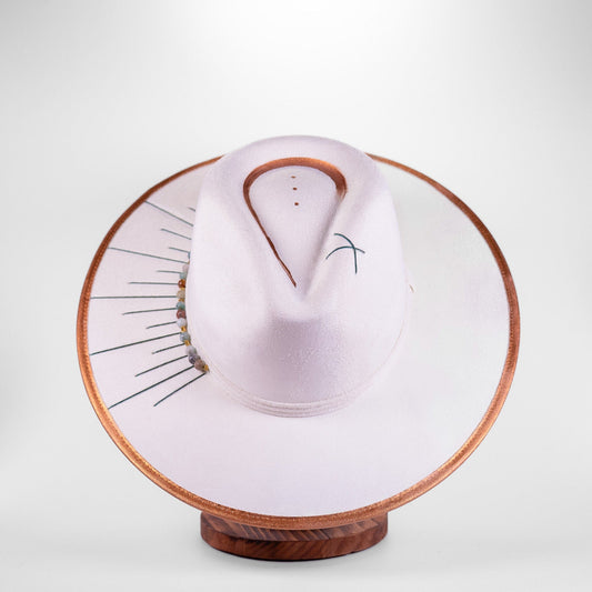 Aukala Hat M Handcrafted Boho Eclipse – White Suede Hat with Copper Accents & Sunburst Beading
