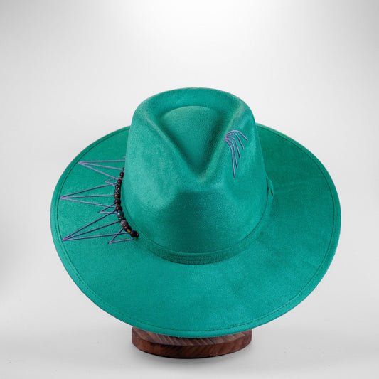 Aukala Hat M Handcrafted Boho Emerald Jungle Hat – Green Suede Fedora with Violet Stitching & Beaded Band
