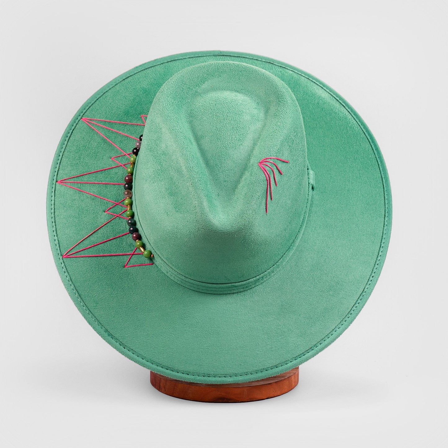 Aukala Hat M Handcrafted Boho Kinari Hat – Emerald Suede Fedora with Red Stitching & Beaded Accents