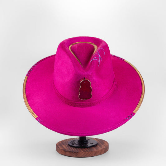 Aukala Hat M Handcrafted Boho Magenta Fire Hat – Magenta Suede Fedora with Gold Trim