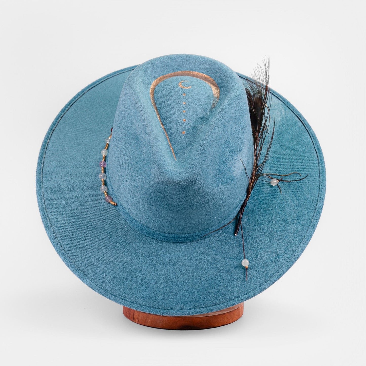 Aukala Hat M Handcrafted Boho Nahual Celeste Hat – Teal Suede Fedora with Gold Moon, Peacock Feather & Beaded Details