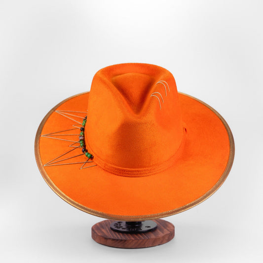 Aukala Hat M Handcrafted Boho Orange Spirit Hat – Vibrant Suede Fedora with Gold Trim & Jade-Inspired Beads