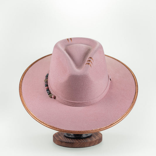 Aukala Hat M Handcrafted Boho Pink Desert Hat – Rosado Suede Fedora with Gold Trim & Semi-Precious Beads