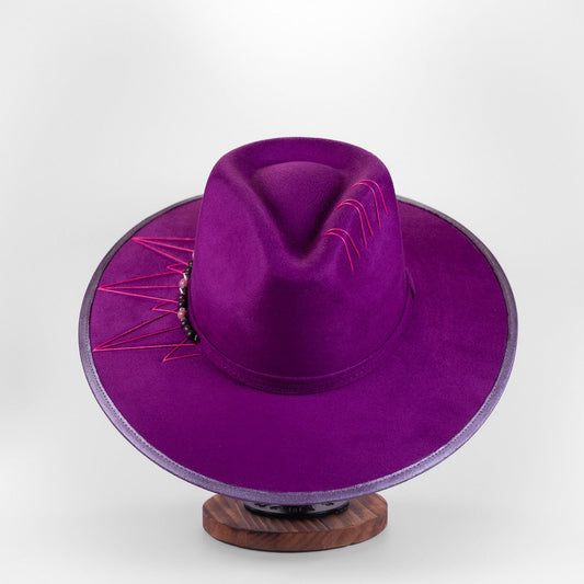 Aukala Hat M Handcrafted Boho Purple Spirit Hat – Violet Suede Fedora with Pink Tribal Stitches & Semi-Precious Beads
