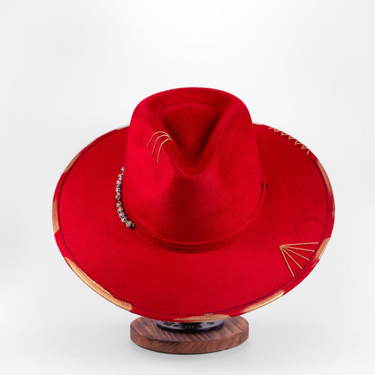 Aukala Hat M Handcrafted Boho Red Eclipse Hat – Crimson Suede Fedora with Gold Stitching