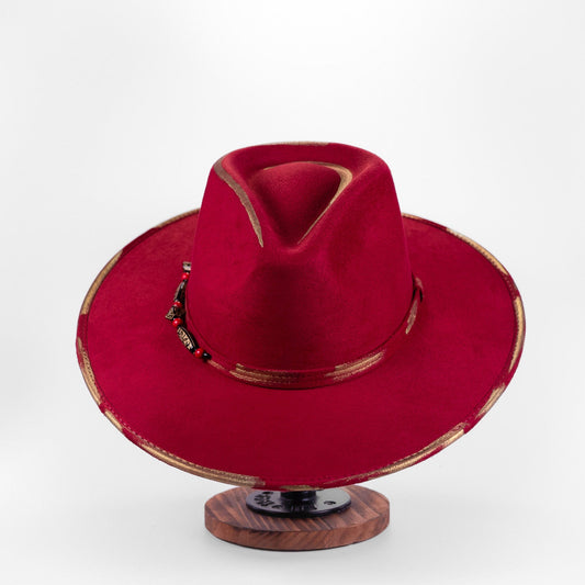 Aukala Hat M Handcrafted Boho Red Moon Hat – Burgundy Suede Fedora with Gold Trim & Tribal Beaded Band