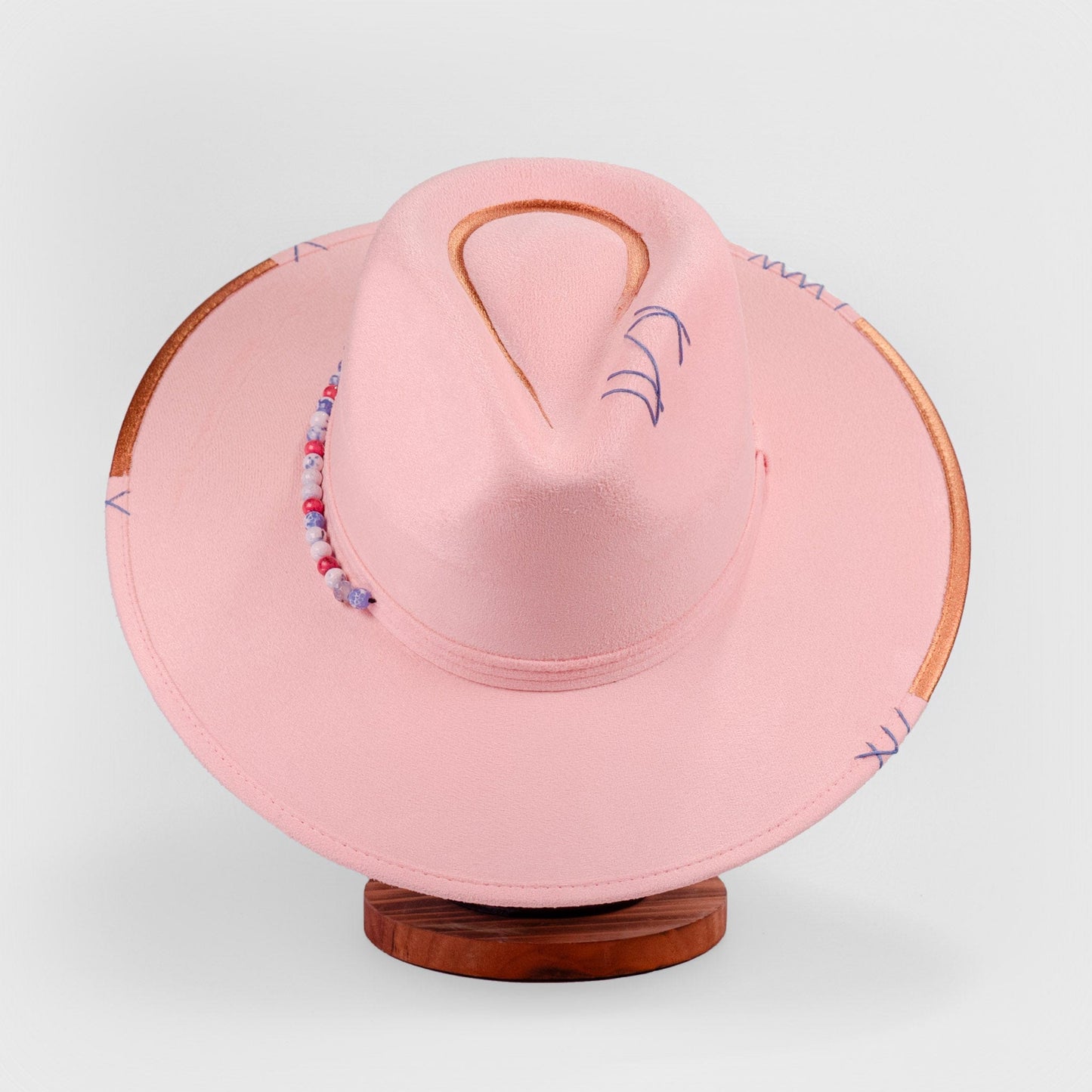 Aukala Hat M Handcrafted Boho Sak Nah Rosa Hat – Blush Pink Suede Fedora with Gold Trim & Beaded Accent