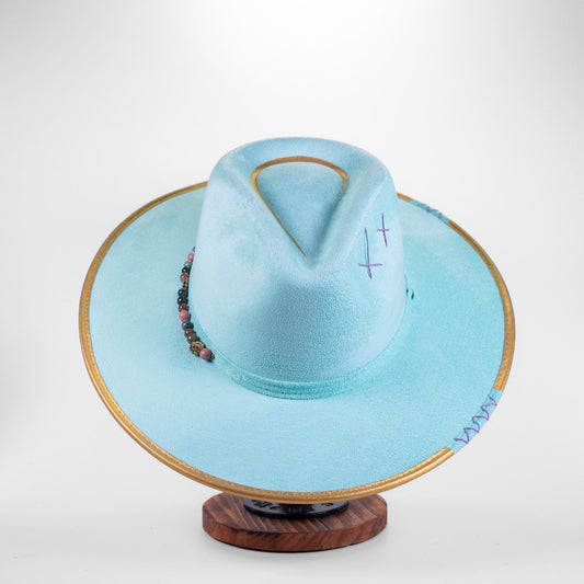 Aukala Hat M Handcrafted Boho Sky Blue Hat – Suede Fedora with Gold Trim & Multicolor Stone Beads
