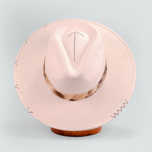 Aukala Hat M Handcrafted Boho Solstice Dune Hat – Sand Suede Fedora with Ecoprinted Band & Arrow Stitching