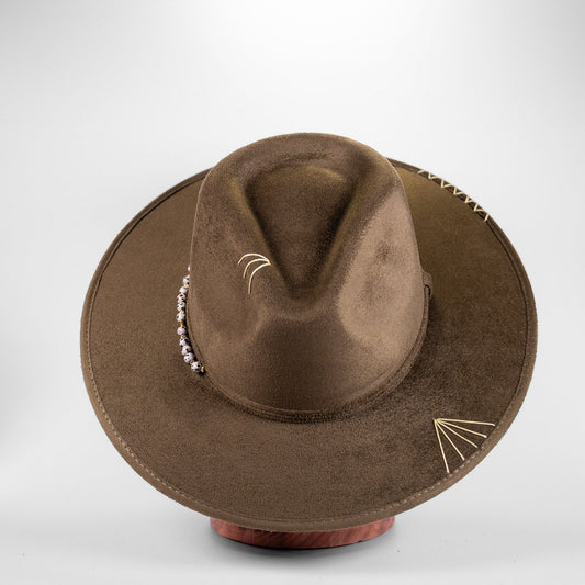 Aukala Hat M Handcrafted Boho Terra Jasper Hat – Olive Brown Suede Fedora with Jasper Bead Band & Gold Stitch Accents
