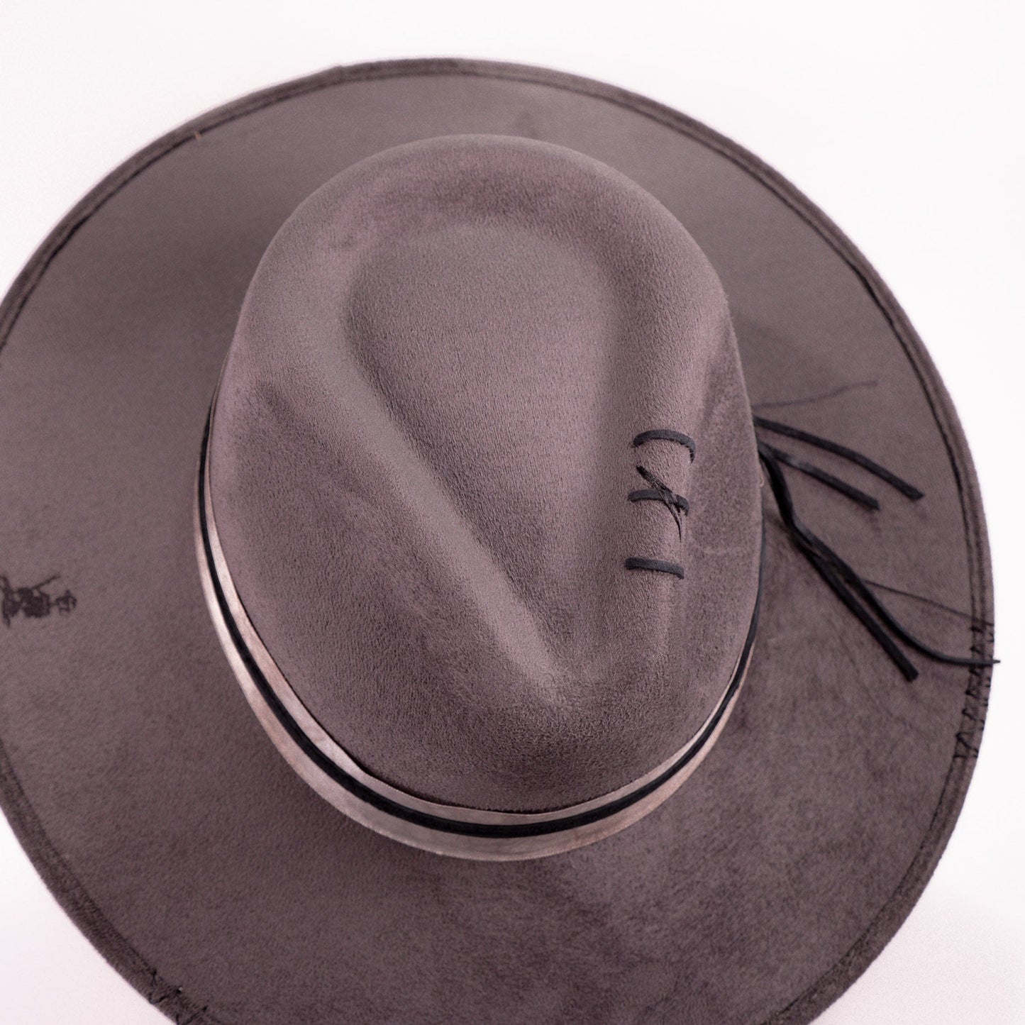 Aukala Hat XL Handcrafted Boho Tepu Gris Hat – Charcoal Gray Suede Fedora with Metallic Trim & Leather Accents