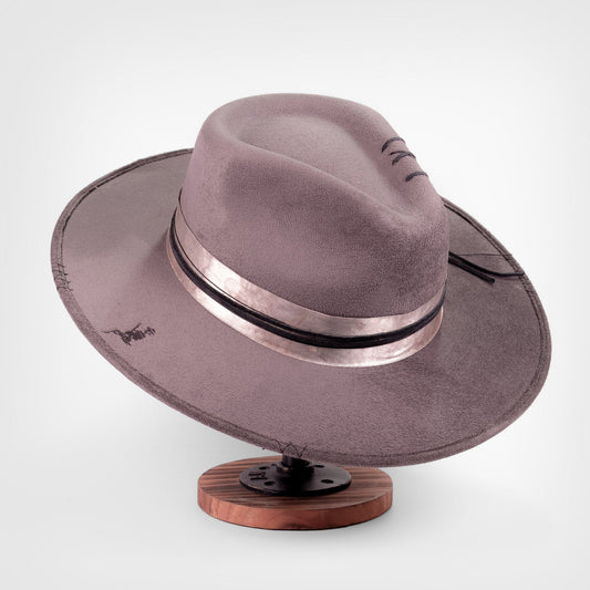 Aukala Hat XL Handcrafted Boho Tepu Gris Hat – Charcoal Gray Suede Fedora with Metallic Trim & Leather Accents