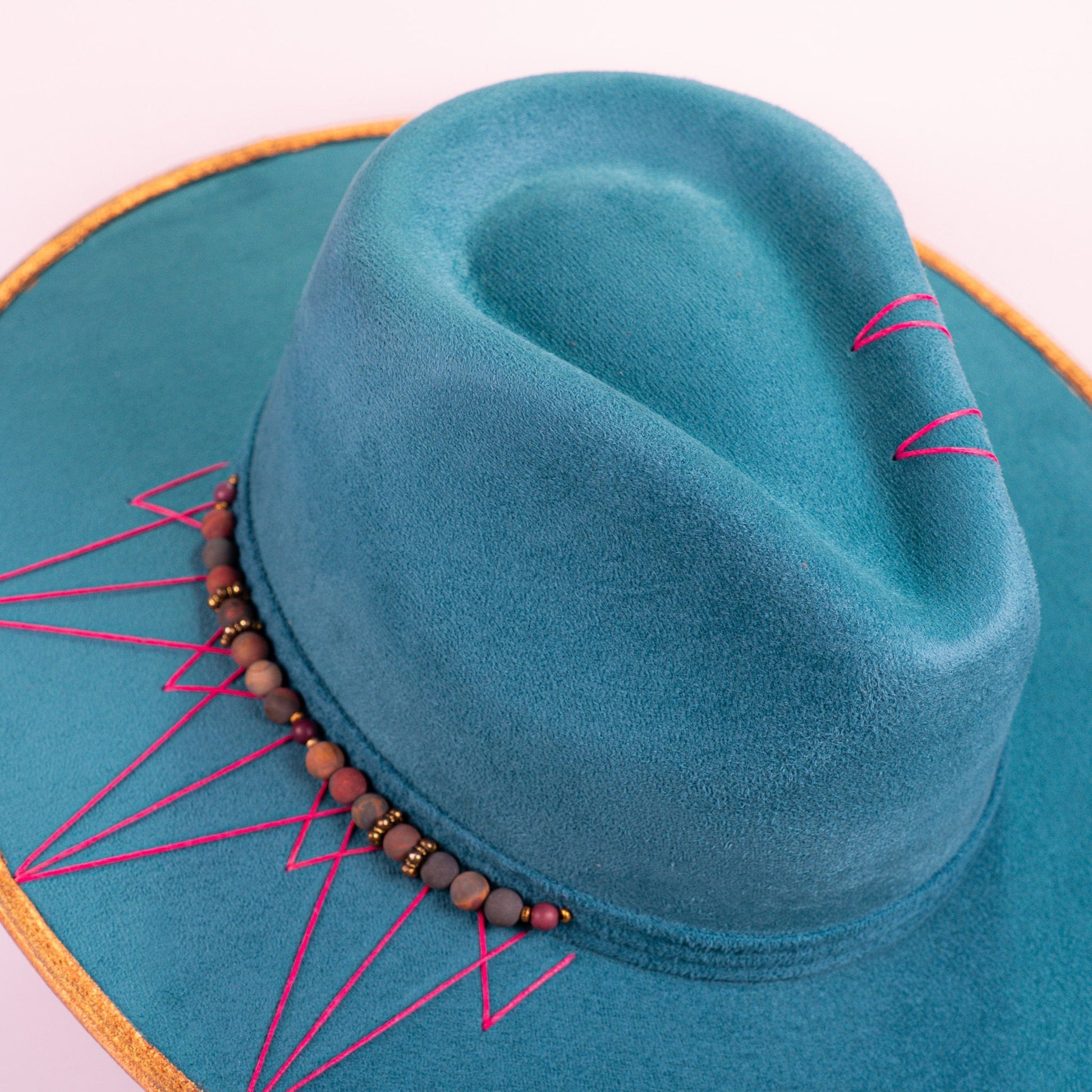 Aukala Hat Azure Peaks – Handcrafted Blue Suede Hat with Geometric Embroidery