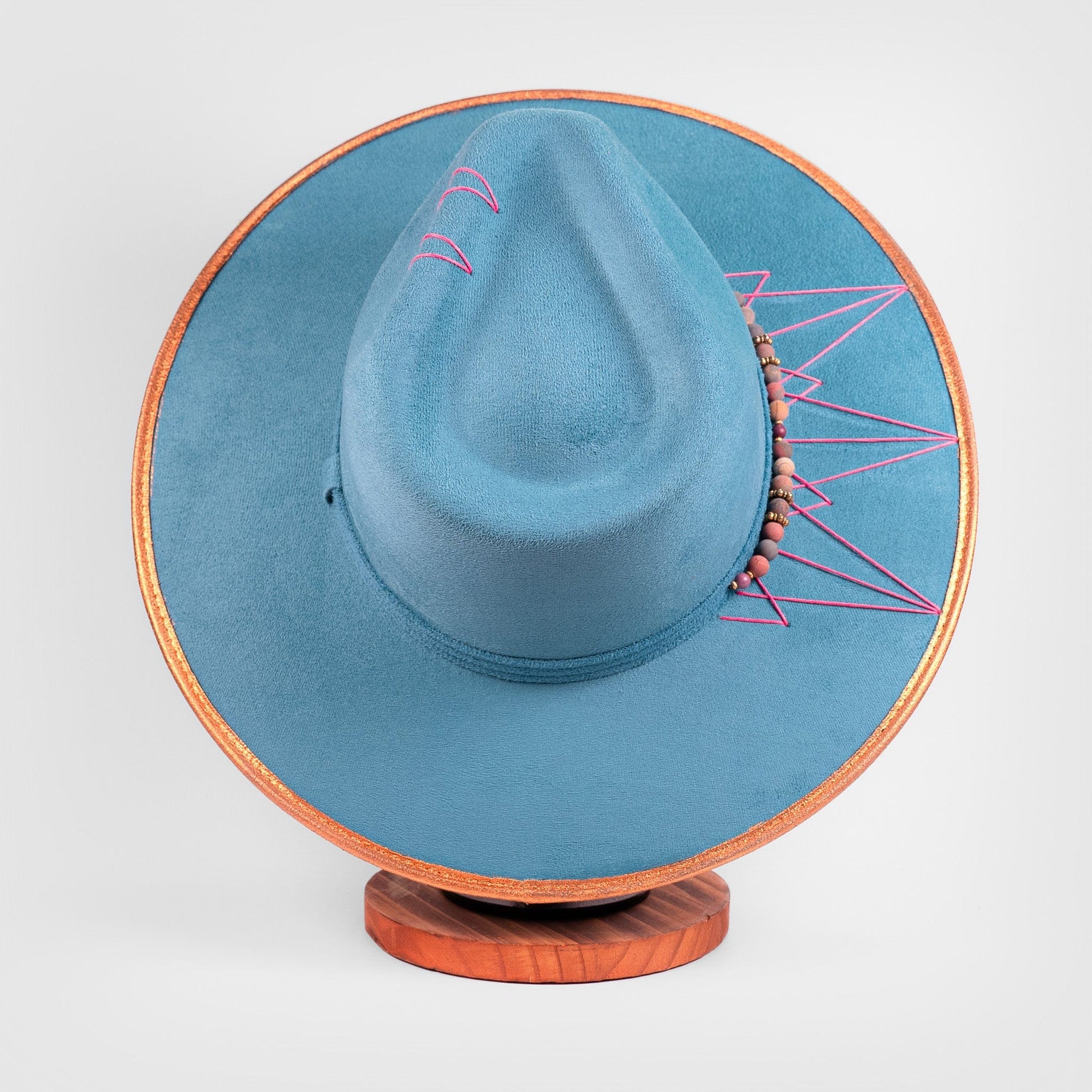 Aukala Hat Azure Peaks – Handcrafted Blue Suede Hat with Geometric Embroidery