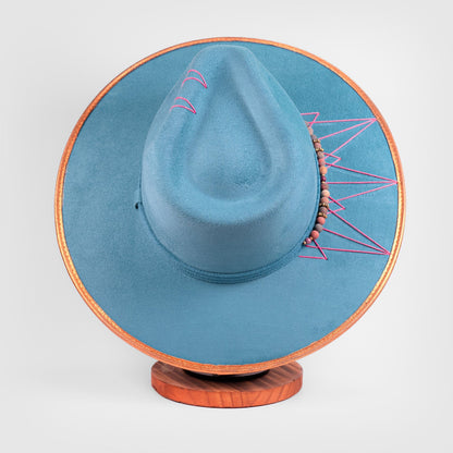 Aukala Hat Azure Peaks – Handcrafted Blue Suede Hat with Geometric Embroidery
