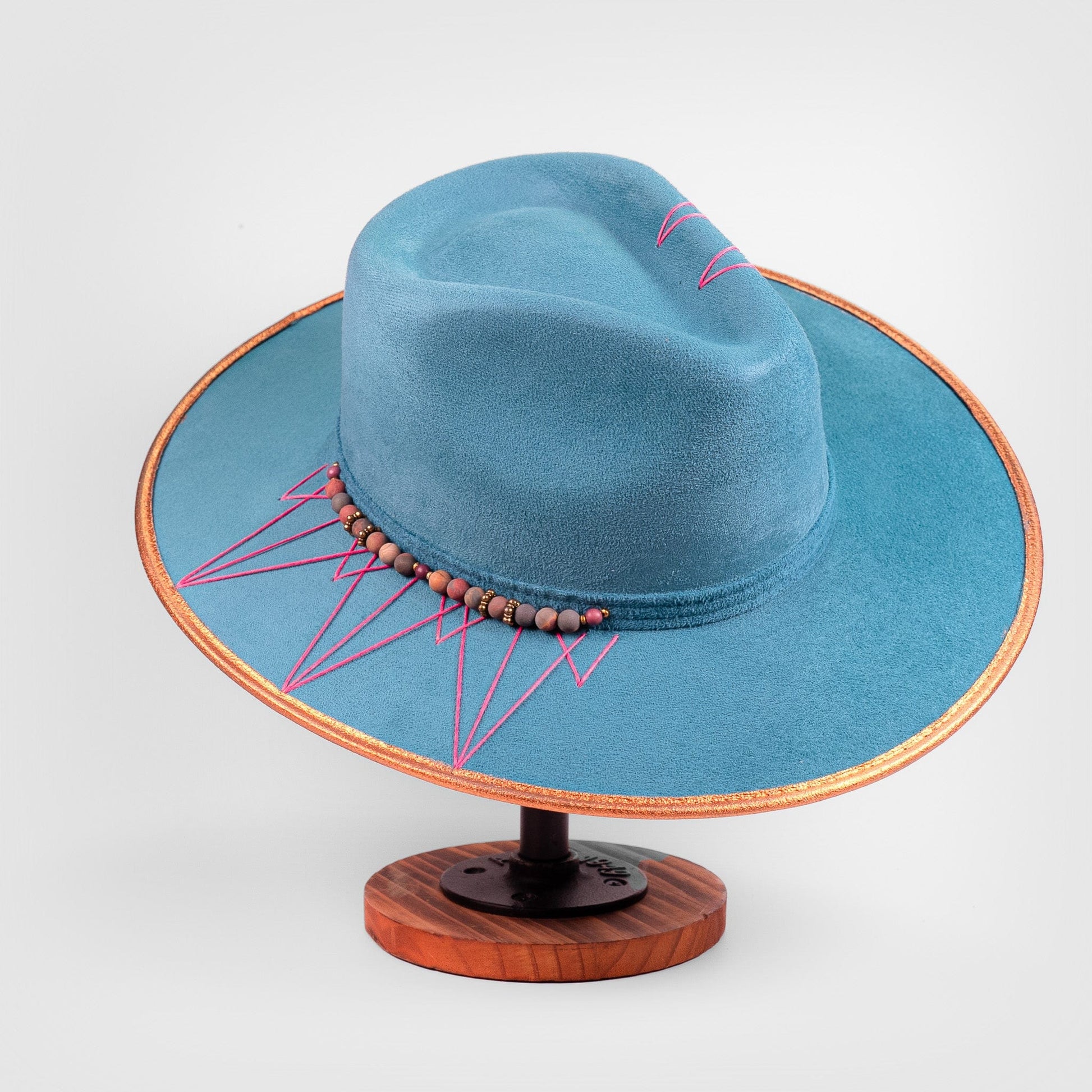 Aukala Hat Azure Peaks – Handcrafted Blue Suede Hat with Geometric Embroidery