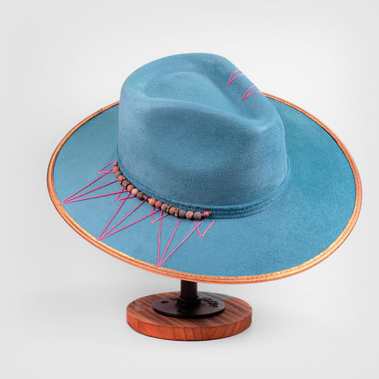 Aukala Hat Azure Peaks – Handcrafted Blue Suede Hat with Geometric Embroidery