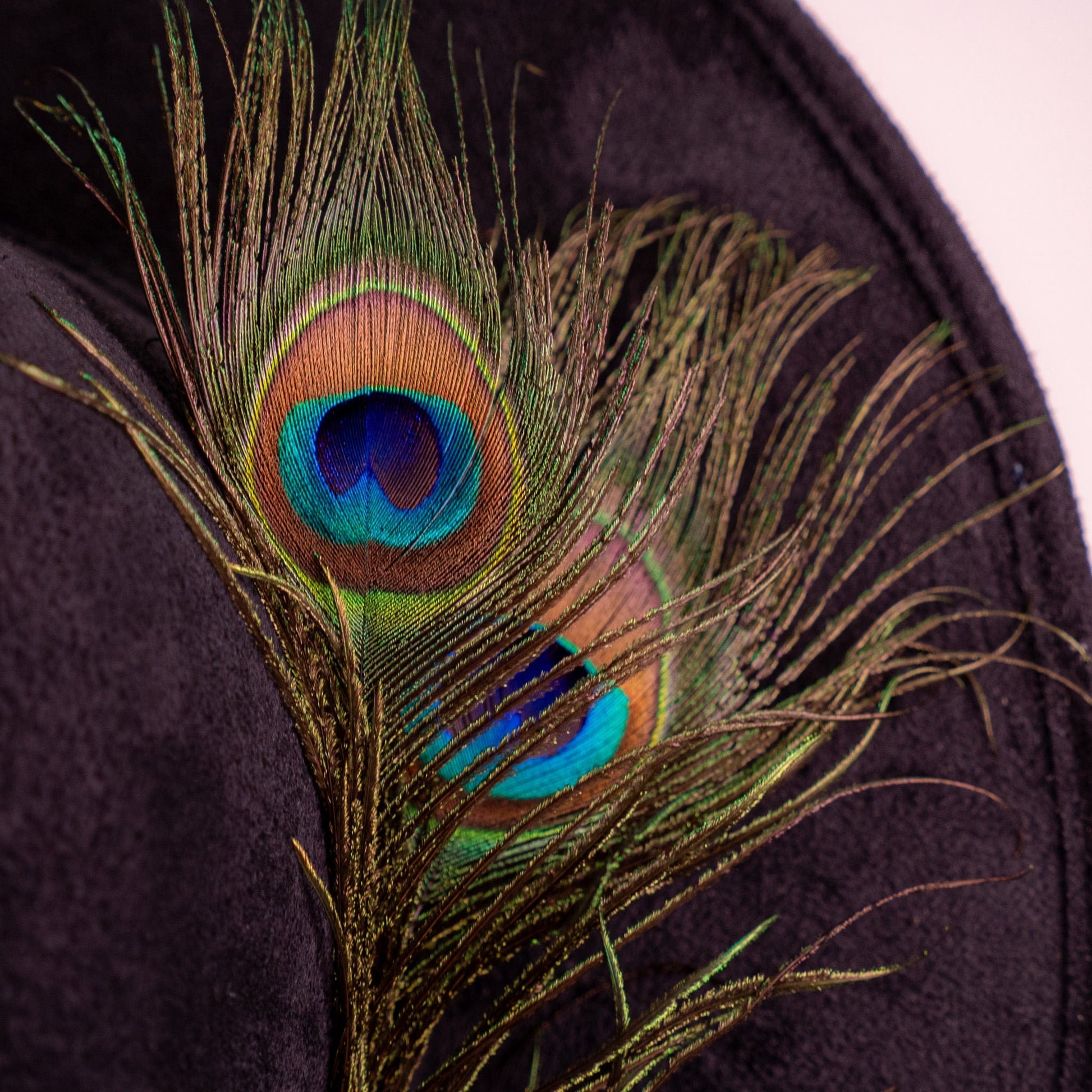 Aukala Hat Celestial Nocturne – Black Suede Fedora with Peacock Feather & Stone Accents