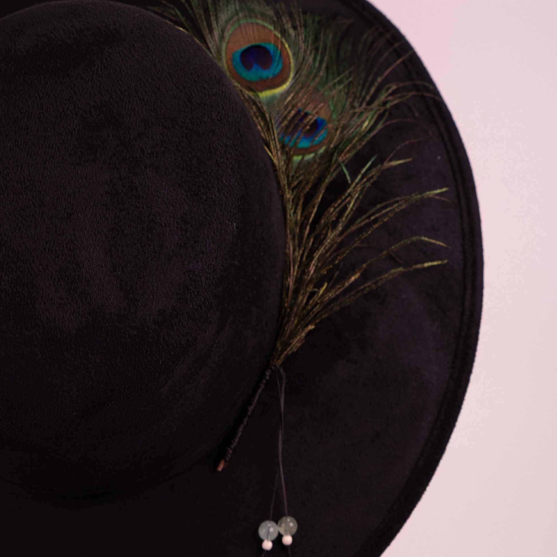 Aukala Hat Celestial Nocturne – Black Suede Fedora with Peacock Feather & Stone Accents