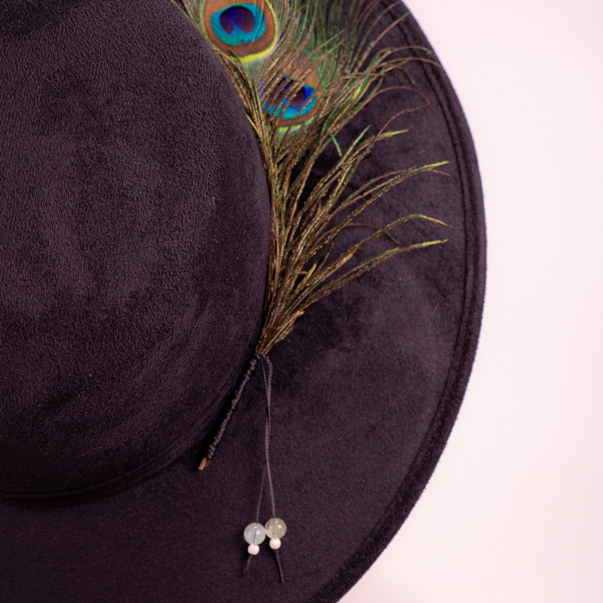Aukala Hat Celestial Nocturne – Black Suede Fedora with Peacock Feather & Stone Accents