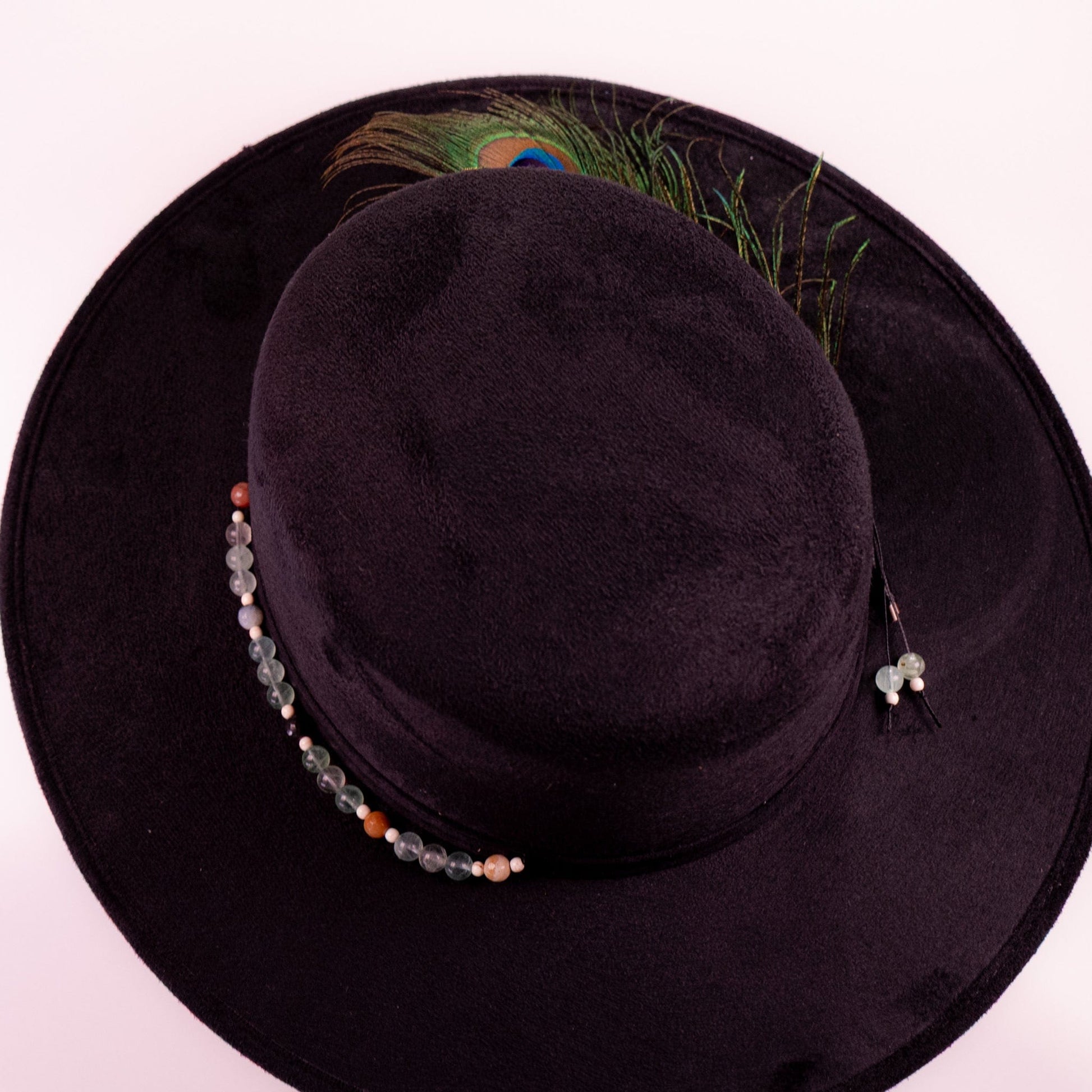 Aukala Hat Celestial Nocturne – Black Suede Fedora with Peacock Feather & Stone Accents