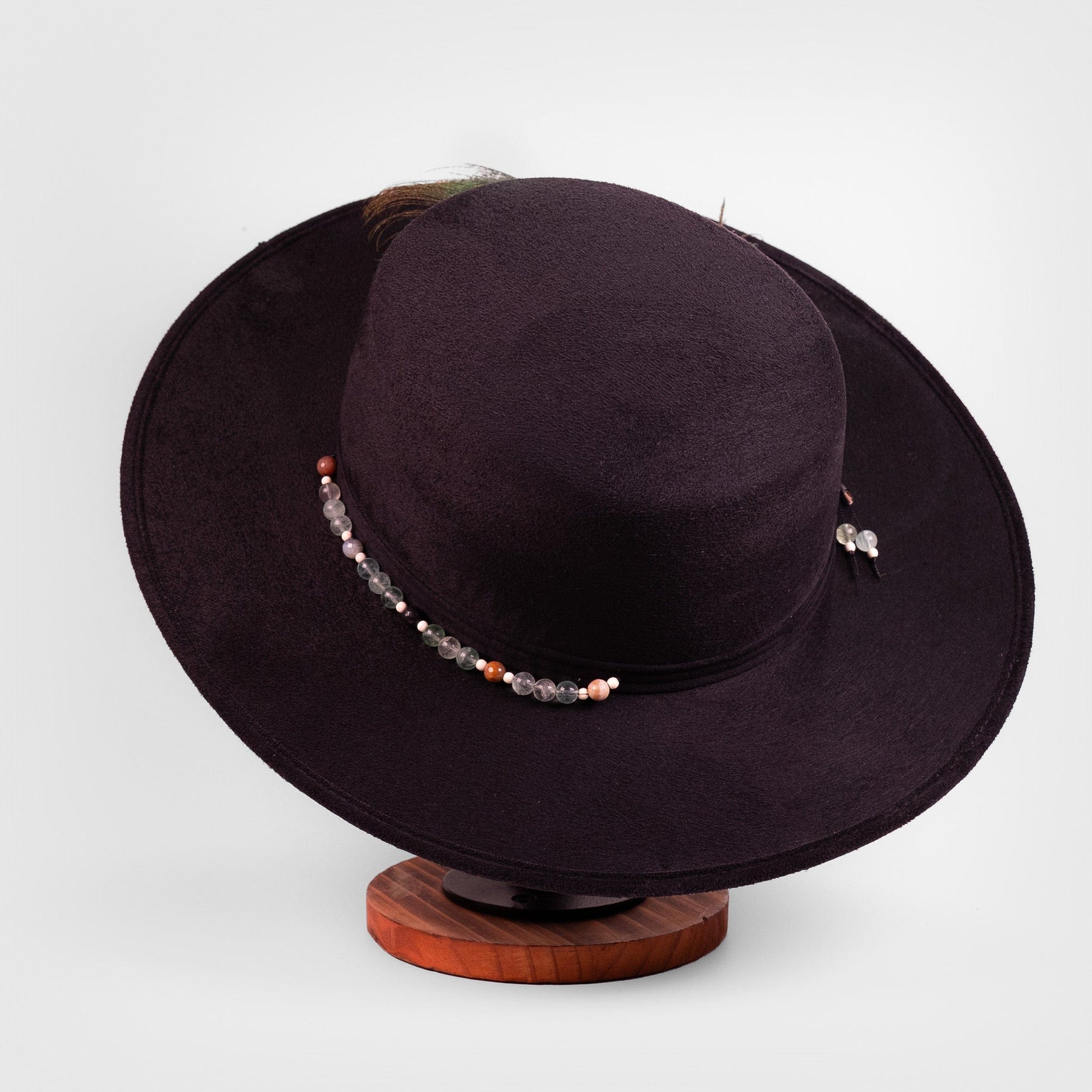 Aukala Hat Celestial Nocturne – Black Suede Fedora with Peacock Feather & Stone Accents