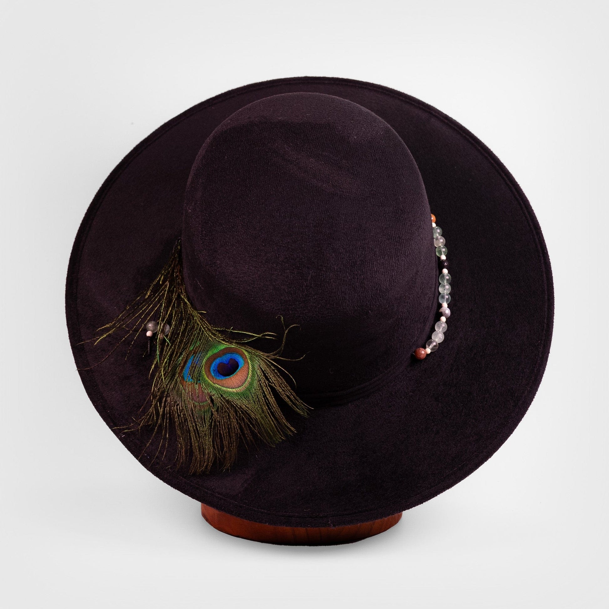 Aukala Hat Celestial Nocturne – Black Suede Fedora with Peacock Feather & Stone Accents