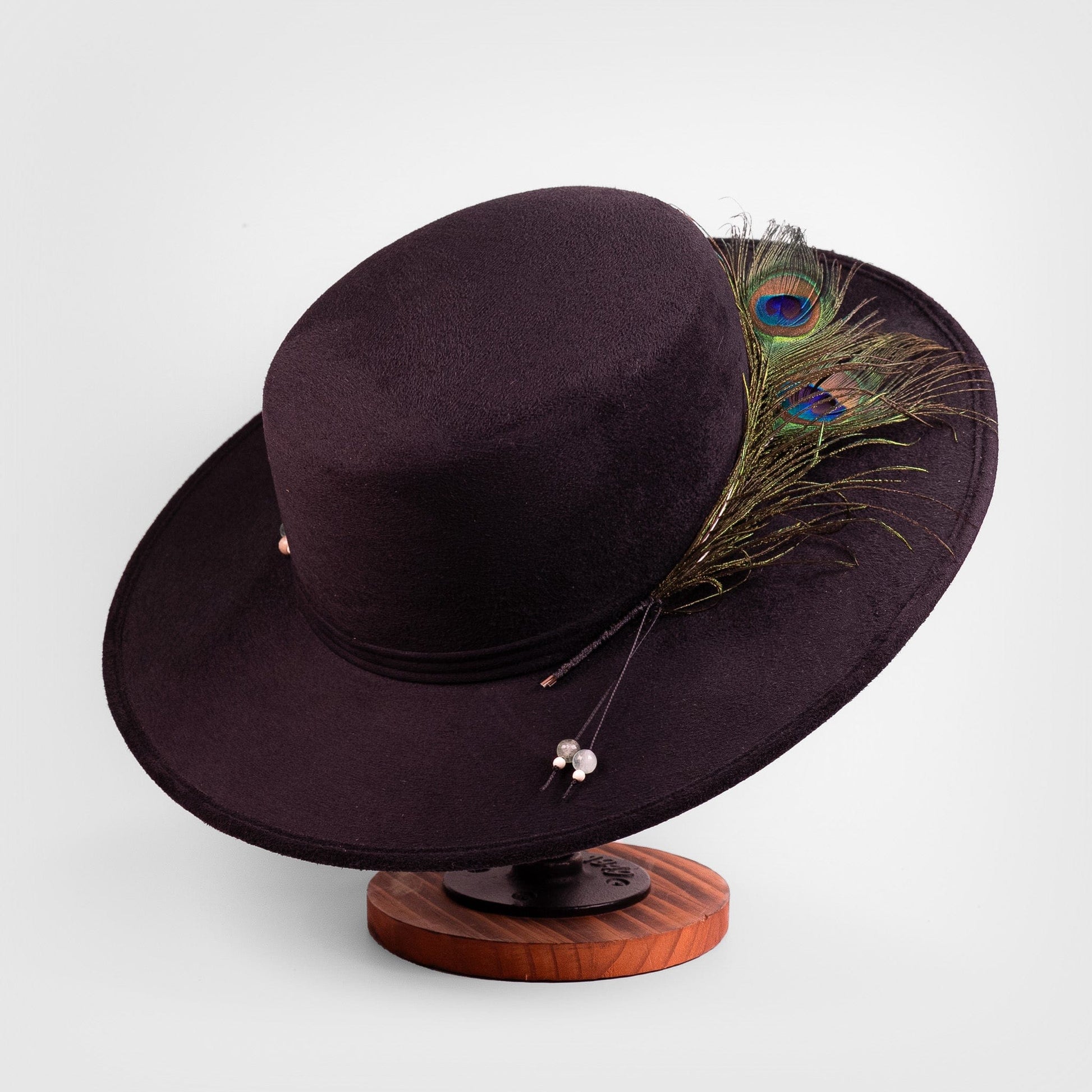 Aukala Hat Celestial Nocturne – Black Suede Fedora with Peacock Feather & Stone Accents