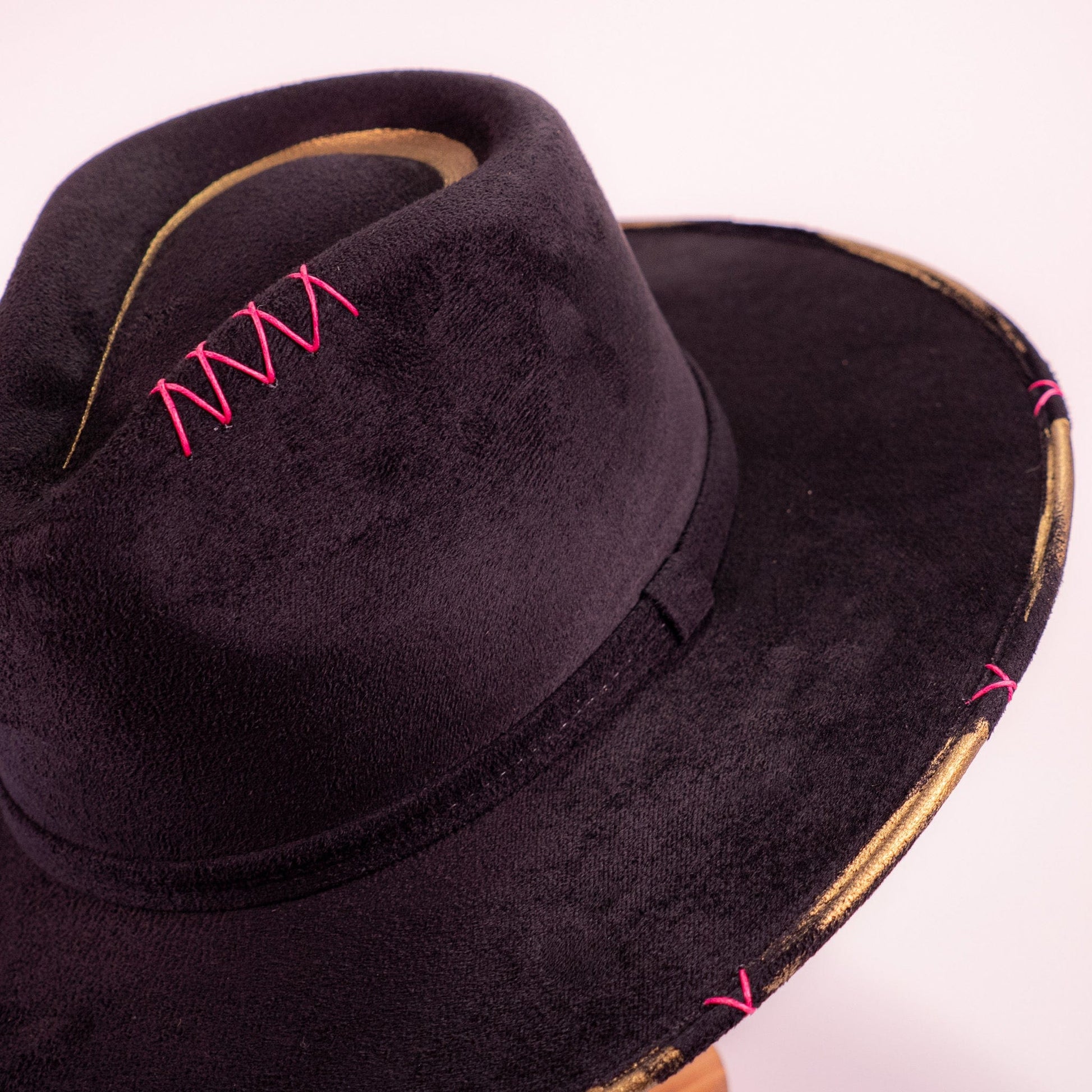 Aukala Hat Handcrafted Boho Ajaw Obsidiana Hat – Black Suede Fedora with Gold Trim & Pink Beaded Accent